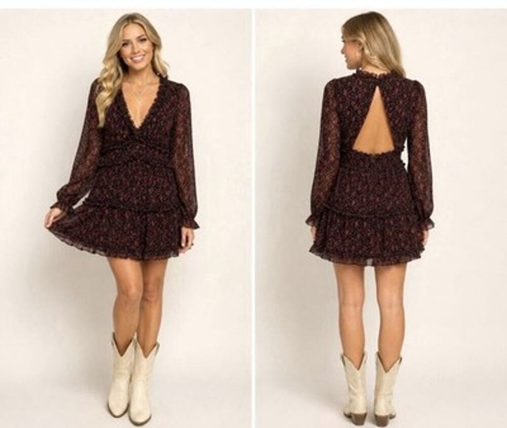 ROW A Red Rose Floral Cut Out Frill Dress Long Sleeve Deep V Chiffon Womens M